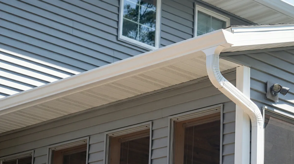 Professional home remodeling project showing newly installed white seamless gutters and downspouts on a house with gray siding in Stamford, CT