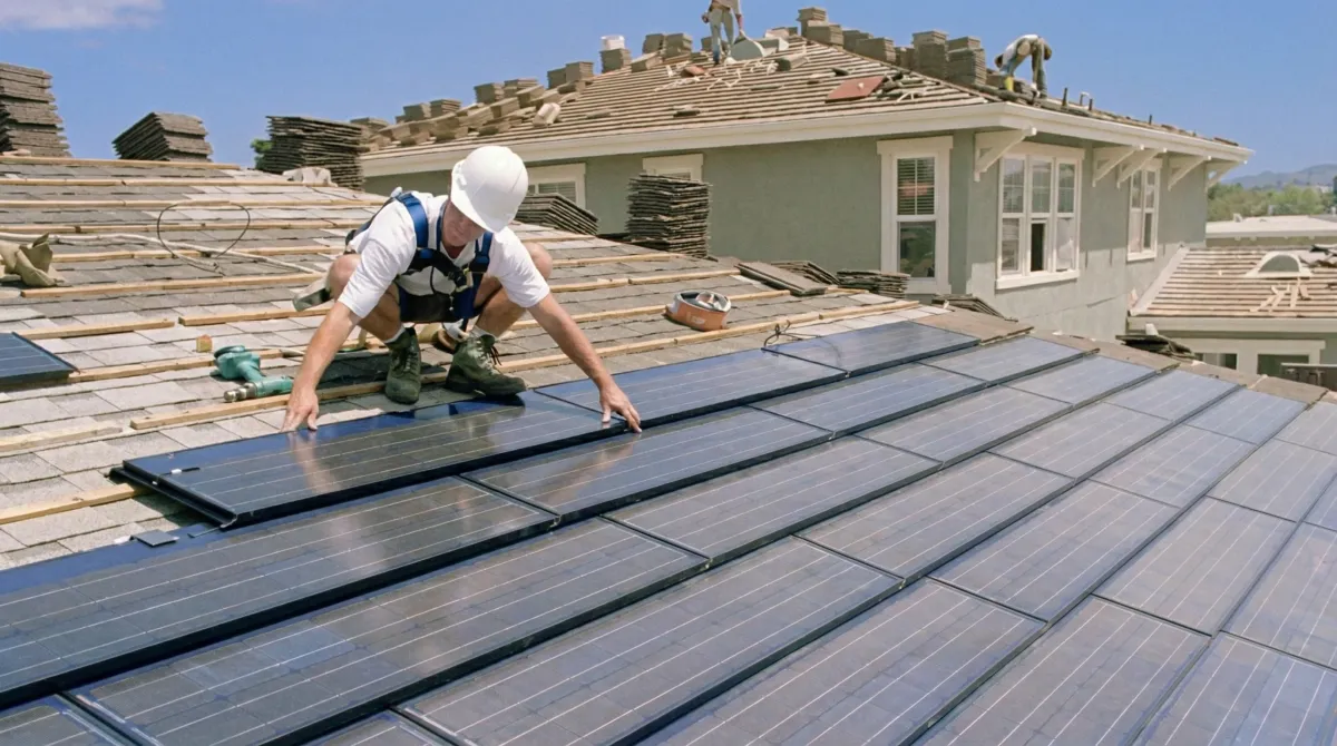 Roof replacement expert installing modern solar shingles on a residential home in Stamford, CT
