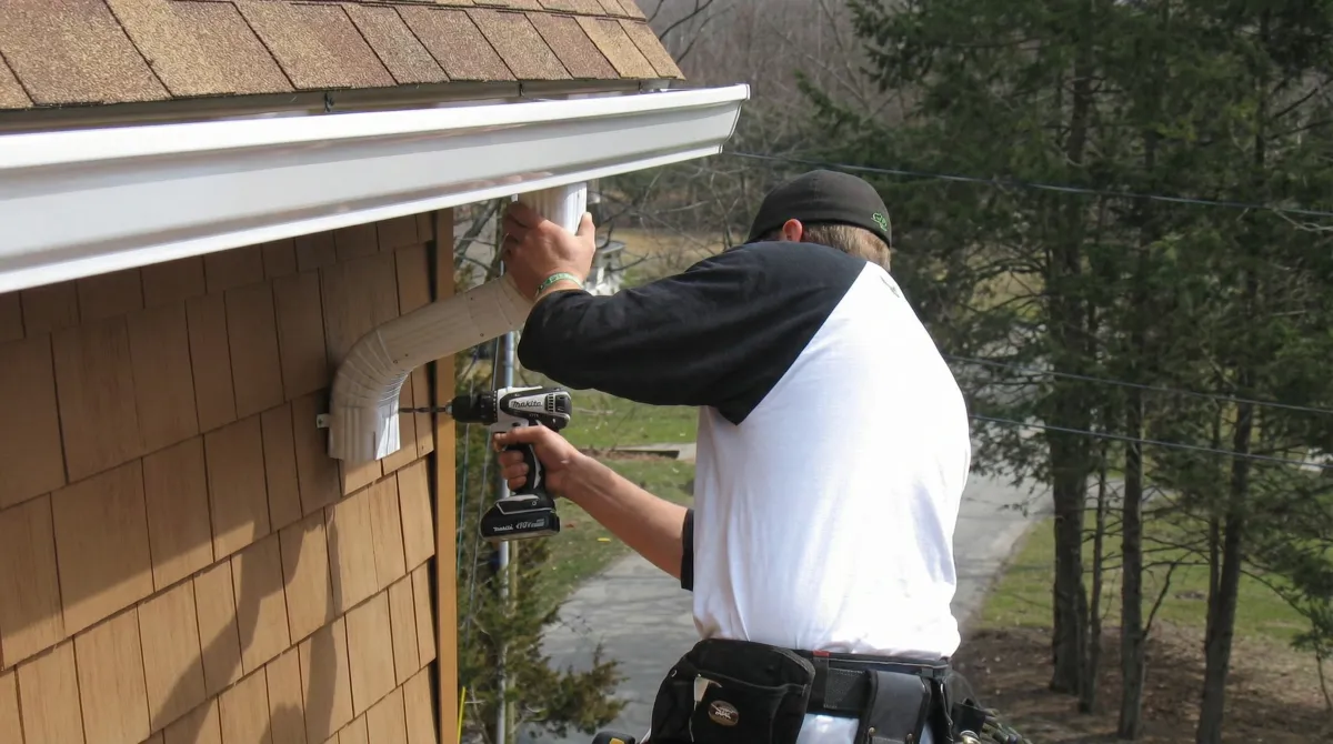 Professional contractor installing tan vinyl siding panels on a residential home exterior in Stamford, CT