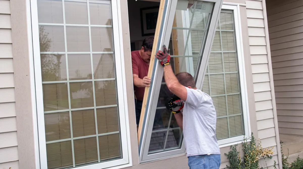 Professional home remodeling team installing a large replacement window on a house with tan siding in Stamford, CT